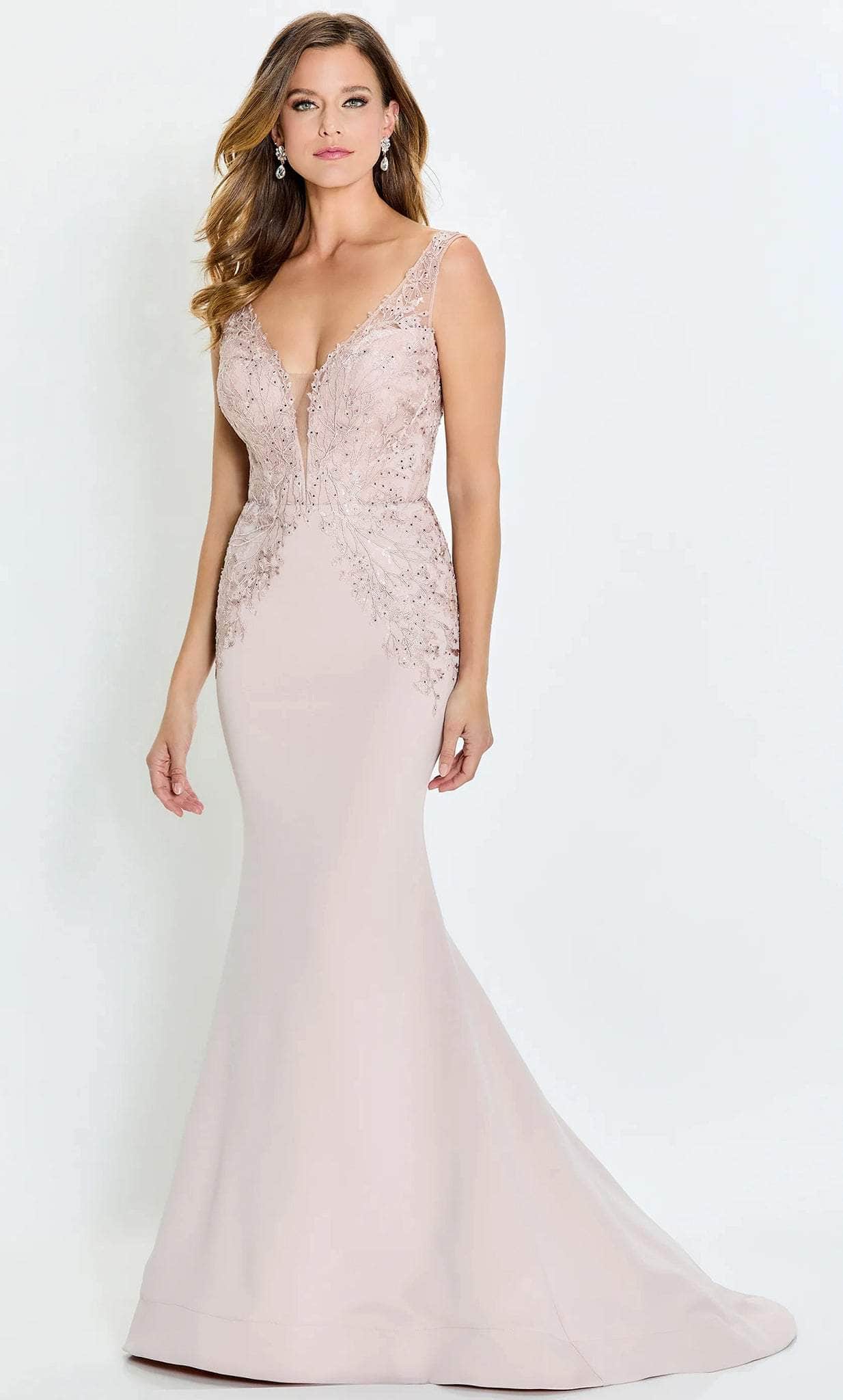 Glamorous Mermaid Deep-V-Neck Sleeveless Beaded-Lace-Plunging-Back Blush Chiffon Floor-Length Mother of the Bride Dresses