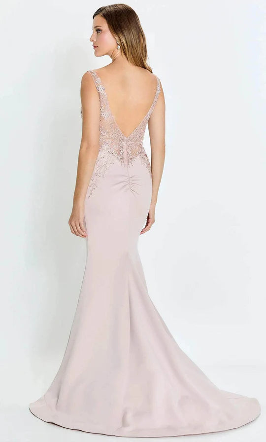 Glamorous Mermaid Deep-V-Neck Sleeveless Beaded-Lace-Plunging-Back Blush Chiffon Floor-Length Mother of the Bride Dresses
