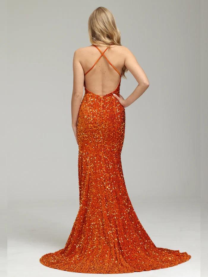Glamorous Mermaid Deep V - Neck Sleeveless Criss - Cross Back Long Length Prom Dresses