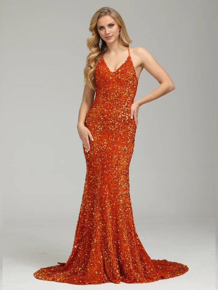 Glamorous Mermaid Deep V - Neck Sleeveless Criss - Cross Back Long Length Prom Dresses