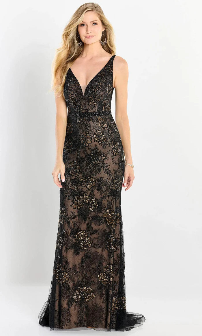 Glamorous Mermaid Deep-V-Neck Sleeveless Gold-Beaded-Lace-Back Black Tulle Floor-Length Mother of the Bride Dresses