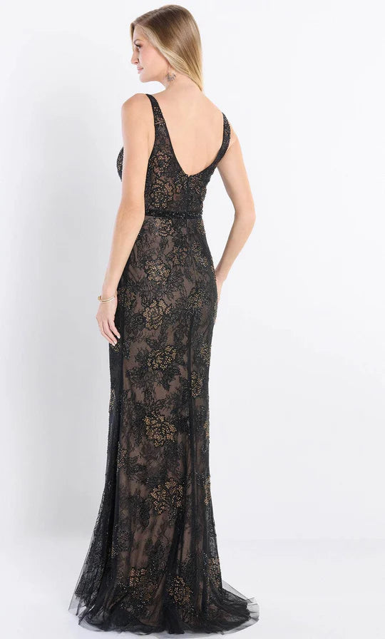Glamorous Mermaid Deep-V-Neck Sleeveless Gold-Beaded-Lace-Back Black Tulle Floor-Length Mother of the Bride Dresses