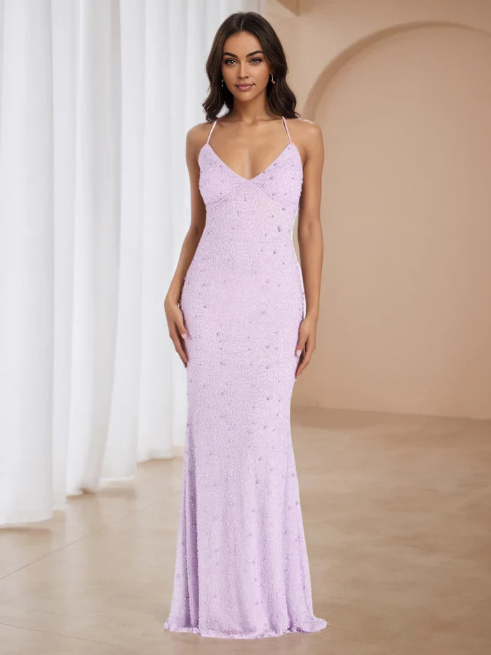 Glamorous Mermaid Deep V - Neck Sleeveless Lace - Up Back Floor Length Prom Dresses