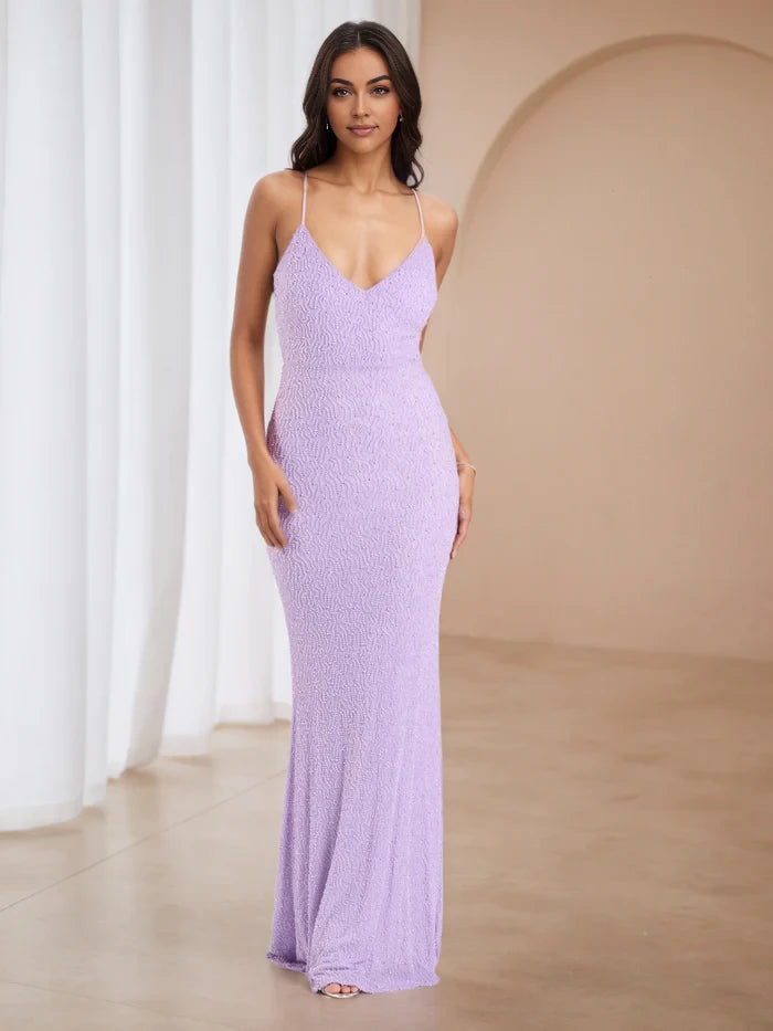 Glamorous Mermaid Deep V - Neck Sleeveless Lace - Up Back Floor Length Prom Dresses