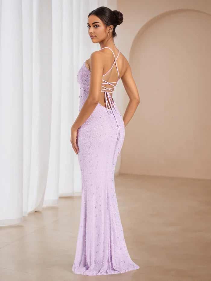 Glamorous Mermaid Deep V - Neck Sleeveless Lace - Up Back Floor Length Prom Dresses