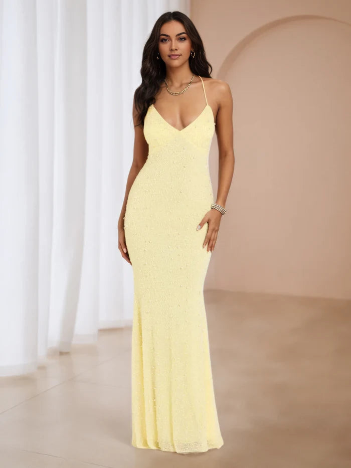 Glamorous Mermaid Deep V - Neck Sleeveless Lace - Up Back Floor Length Prom Dresses