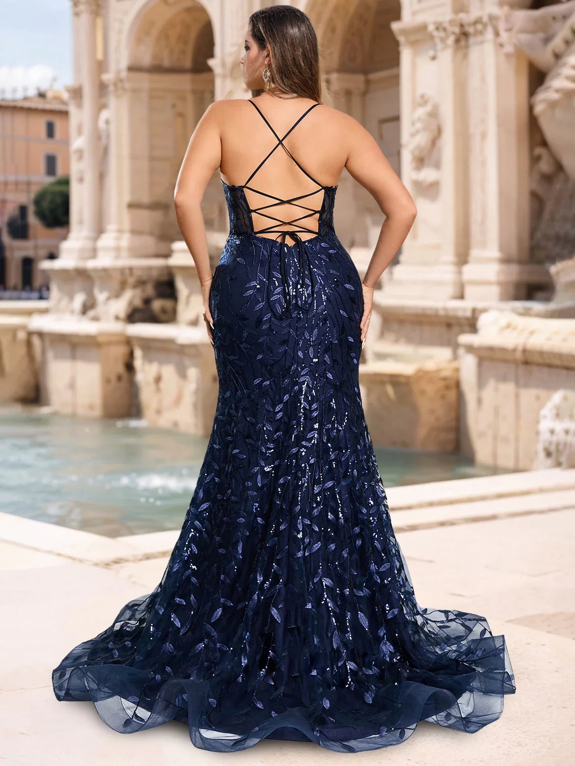 Plus Size Glamorous Mermaid Deep V - Neck Sleeveless Lace - Up Back Long Length Prom Dresses