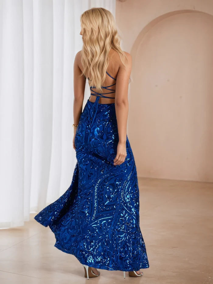 Glamorous Mermaid Deep V - Neck Sleeveless Lace - Up Back Long Length Prom Dresses