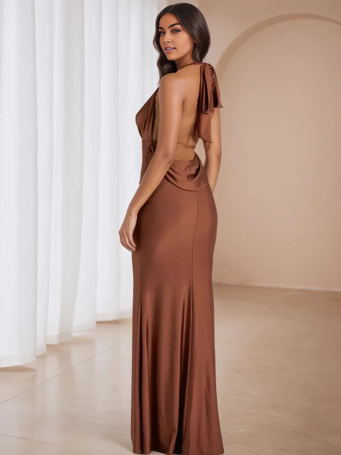 Glamorous Mermaid Deep V - Neck Sleeveless Tie - Back Long Length Prom Dresses