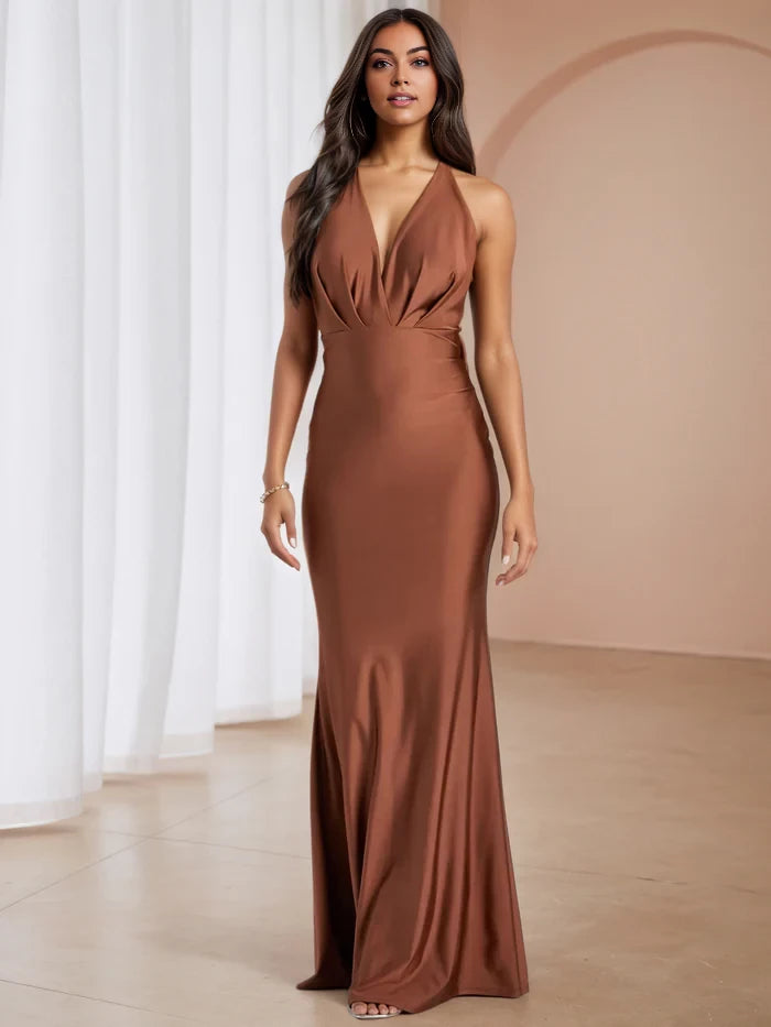 Glamorous Mermaid Deep V - Neck Sleeveless Tie - Back Long Length Prom Dresses