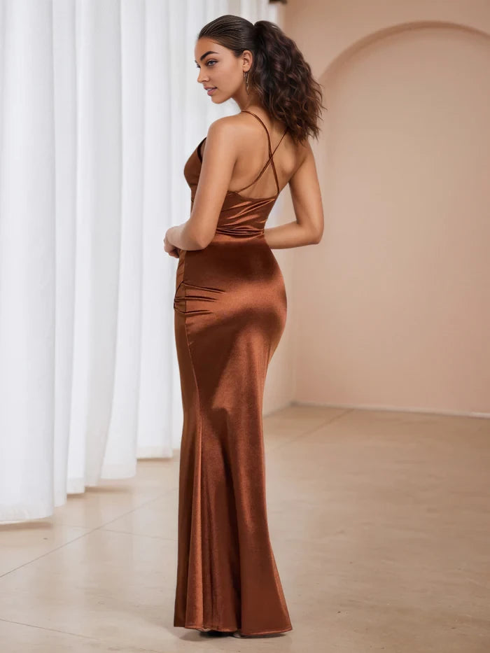 Glamorous Mermaid Deep V - Neck Spaghetti Strap Criss - Cross Back Long Length Prom Dresses
