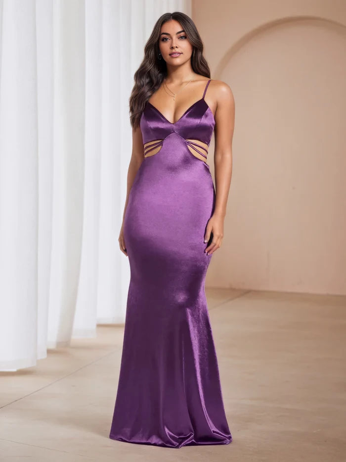 Glamorous Mermaid Deep V - Neck Spaghetti Strap Cut - Out Back Long Length Prom Dresses
