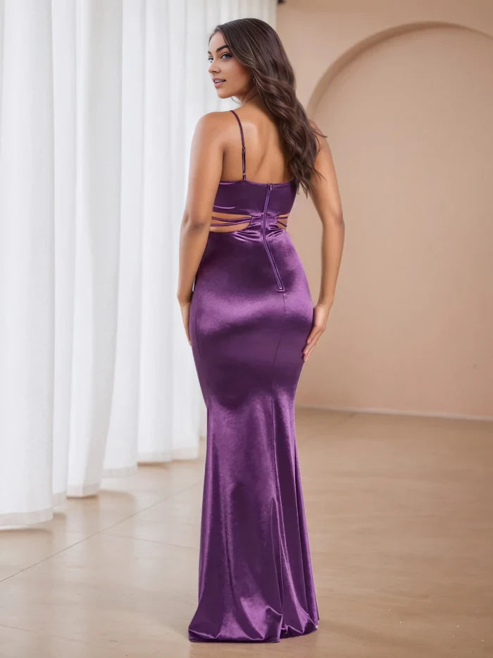 Glamorous Mermaid Deep V - Neck Spaghetti Strap Cut - Out Back Long Length Prom Dresses
