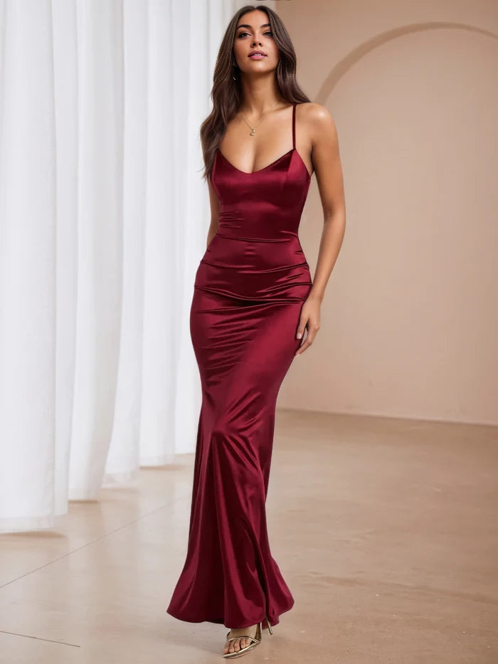 Glamorous Mermaid Deep V - Neck Spaghetti Strap Lace - Up Back Long Length Prom Dresses