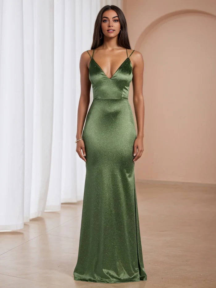Glamorous Mermaid Deep V - Neck Spaghetti Strap Lace - Up Back Long Length Prom Dresses