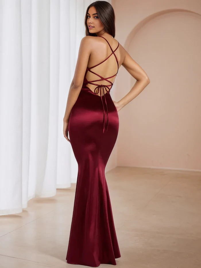 Glamorous Mermaid Deep V - Neck Spaghetti Strap Lace - Up Back Long Length Prom Dresses