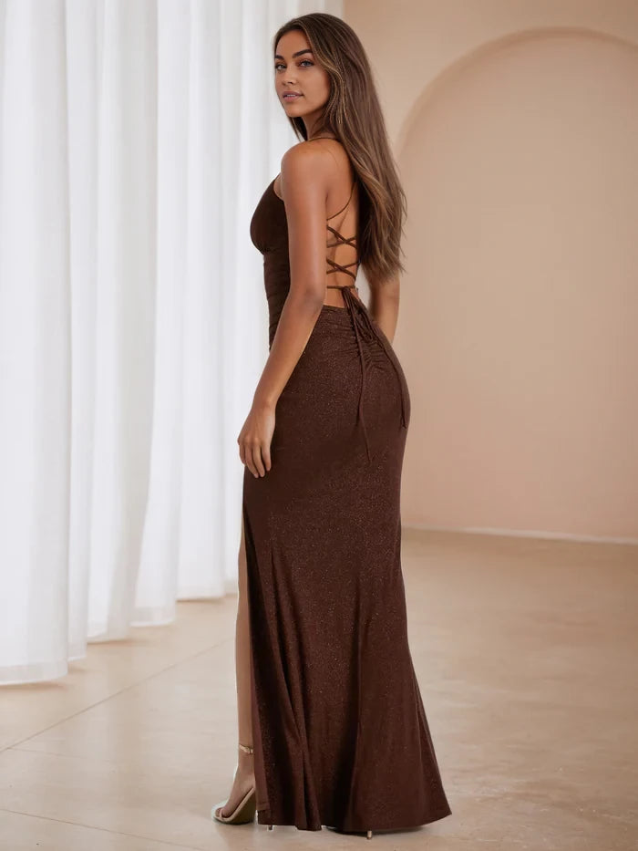 Glamorous Mermaid Deep V - Neck Spaghetti Strap Lace - Up Back Long Length Prom Dresses