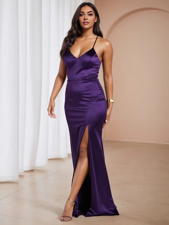 Glamorous Mermaid Deep V - Neck Spaghetti Strap Rhinestone - Strap Back Long Length Prom Dresses