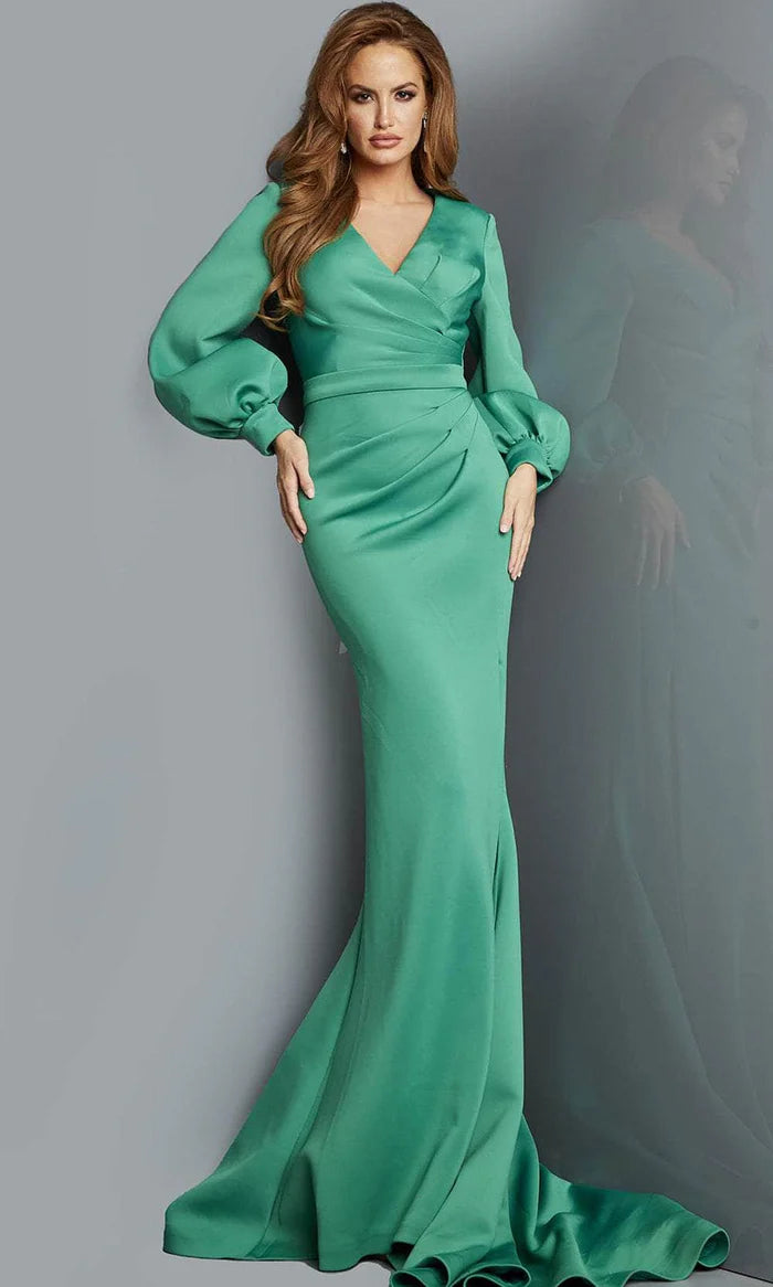 Glamorous Mermaid Deep-V Puff-Sleeve Wrap-Back Emerald Satin Train Floor-Length Mother of the Bride Dresses