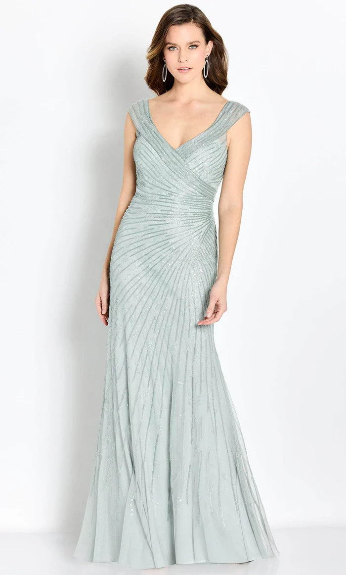 Glamorous Mermaid Deep-V Sleeveless V-Back Mint-Green Sequin-Fabric Floor-Length Mother of the Bride Dresses