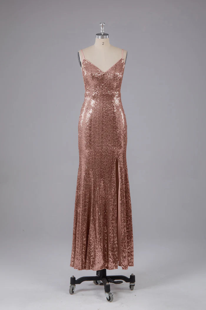 Glamorous Mermaid Deep-V Spaghetti-Strap V-Back Sequin Floor-Length Bridesmaid Dresses