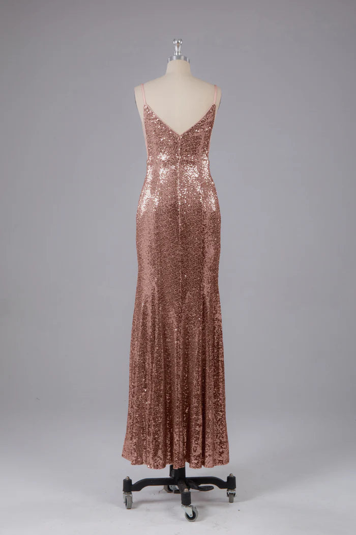Glamorous Mermaid Deep-V Spaghetti-Strap V-Back Sequin Floor-Length Bridesmaid Dresses