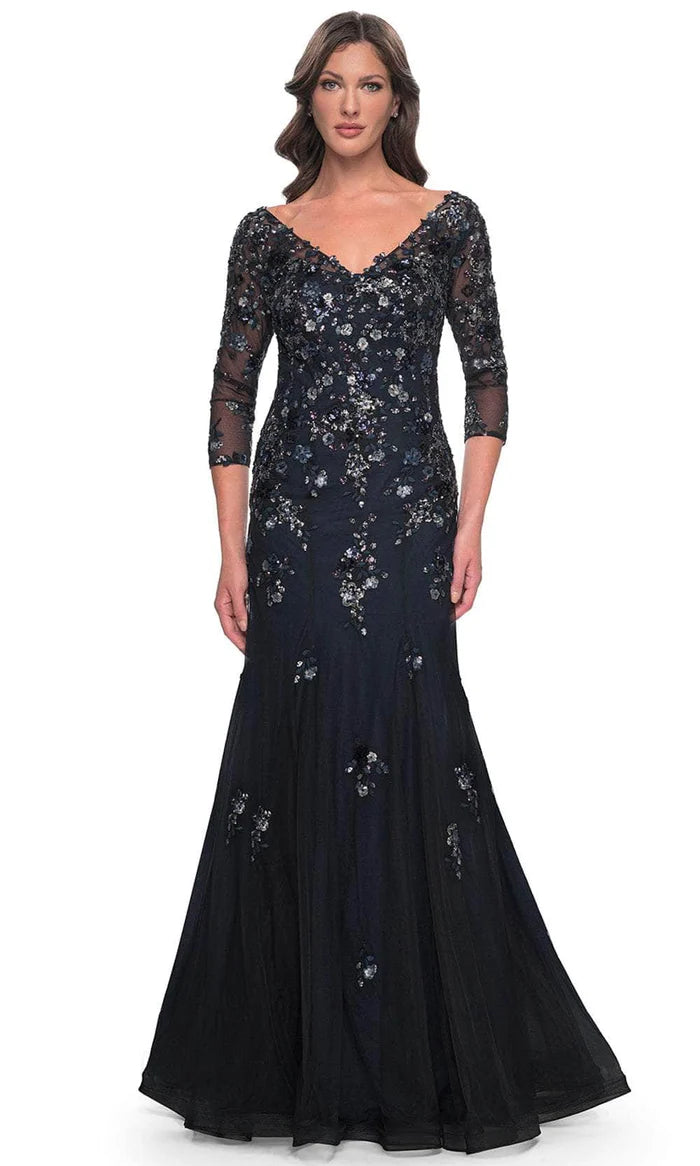 Glamorous Mermaid Deep-V Three-Quarter-Sleeve Lace-Back Navy Sequin-Floral-Lace Tulle Floor-Length Mother of the Bride Dresses