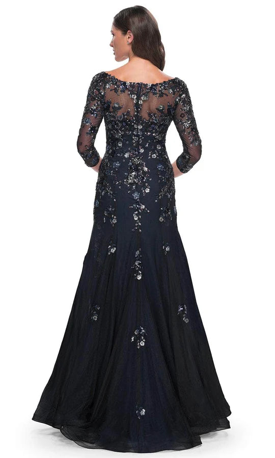 Glamorous Mermaid Deep-V Three-Quarter-Sleeve Lace-Back Navy Sequin-Floral-Lace Tulle Floor-Length Mother of the Bride Dresses