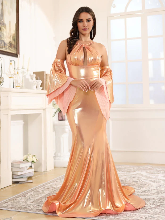 Glamorous Mermaid Halter Neck Bell - Sleeve Zipper Back Long Length Prom Dresses