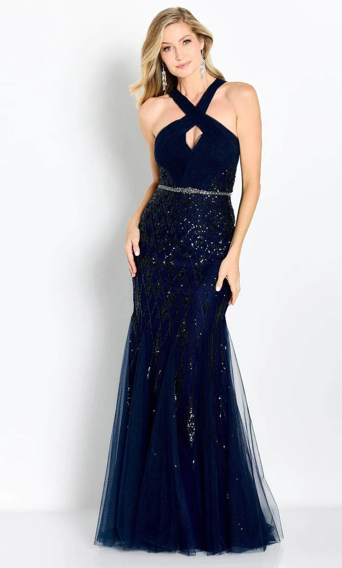 Glamorous Mermaid Halter-Neck Cutout-Back Sequin-Navy Tulle Floor-Length Mother of the Bride Dresses