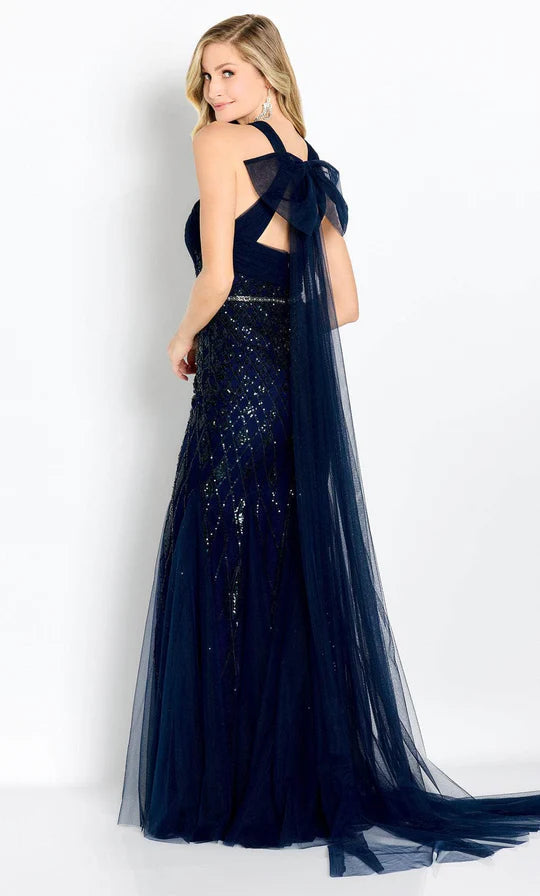 Glamorous Mermaid Halter-Neck Cutout-Back Sequin-Navy Tulle Floor-Length Mother of the Bride Dresses