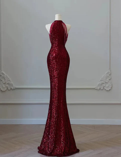 Glamorous Mermaid Halter-Neck Sequin-Bodice Open-Back Train Length Evening Dresses