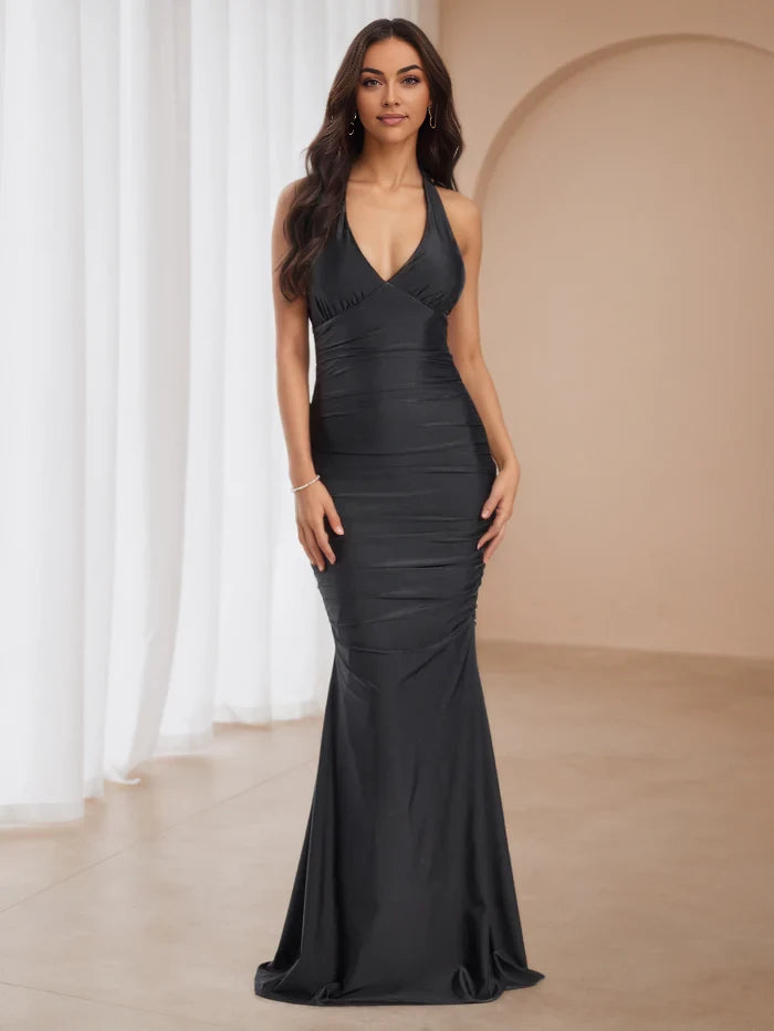 Glamorous Mermaid Halter Neck Sleeveless Bow Back Floor Length Prom Dresses