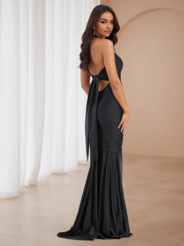 Glamorous Mermaid Halter Neck Sleeveless Bow Back Floor Length Prom Dresses