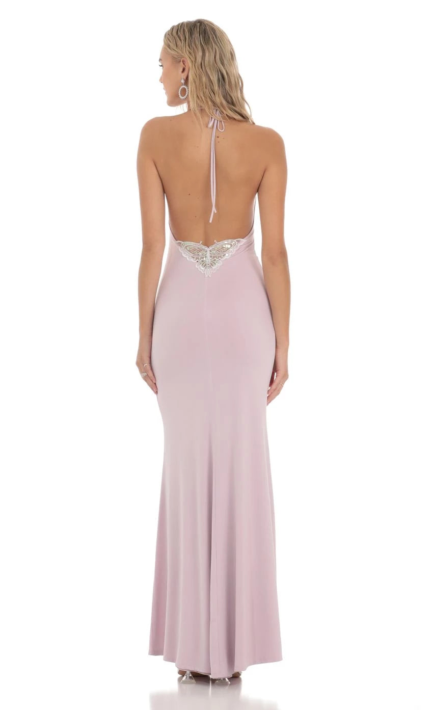 Glamorous Mermaid Halter Neck Sleeveless Butterfly-Embellished Back Floor Length Prom Dresses