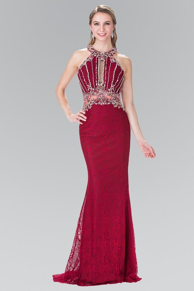 Glamorous Mermaid Halter-Neck Sleeveless Cut-Out-Back Burgundy Lace-Beaded Floor-Length Mother of the Bride Dresses