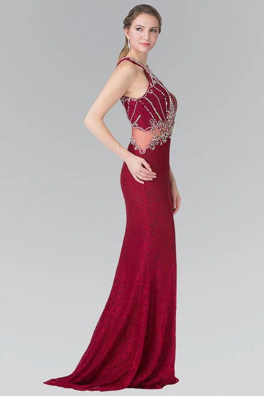 Glamorous Mermaid Halter-Neck Sleeveless Cut-Out-Back Burgundy Lace-Beaded Floor-Length Mother of the Bride Dresses