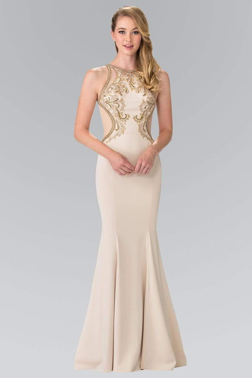Glamorous Mermaid Halter-Neck Sleeveless Cut-Out-Back Champagne Gold-Beaded Floor-Length Mother of the Bride Dresses