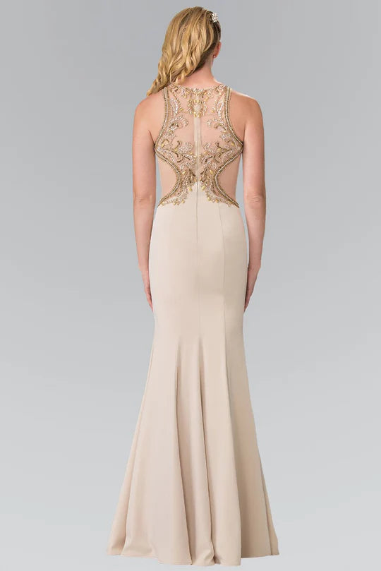 Glamorous Mermaid Halter-Neck Sleeveless Cut-Out-Back Champagne Gold-Beaded Floor-Length Mother of the Bride Dresses