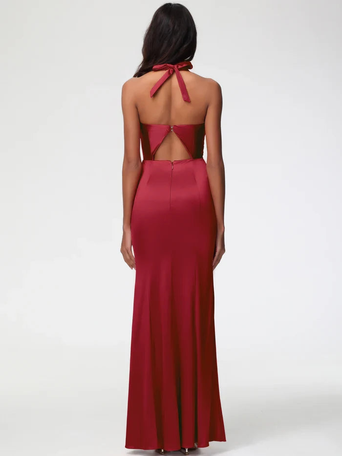 Glamorous Mermaid Halter Neck Sleeveless Cutout Back Long Length Prom Dresses