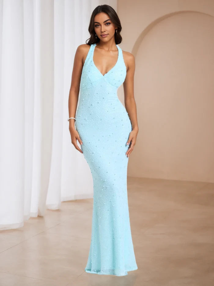 Glamorous Mermaid Halter Neck Sleeveless Lace - Up Back Floor Length Prom Dresses