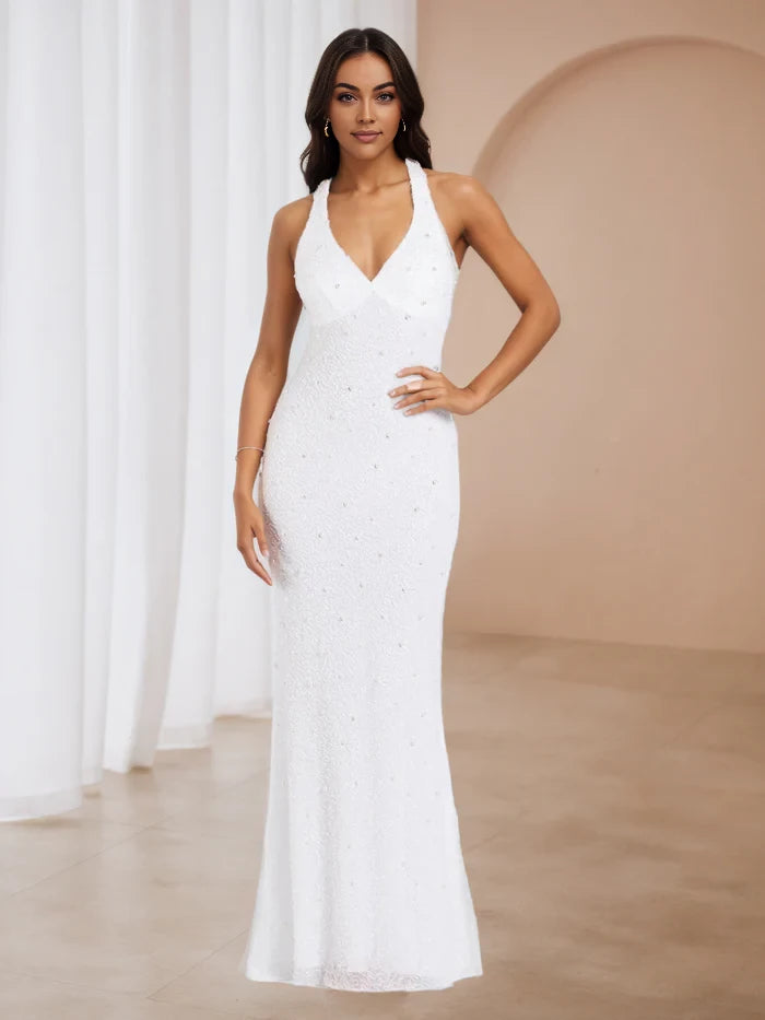 Glamorous Mermaid Halter Neck Sleeveless Lace - Up Back Floor Length Prom Dresses