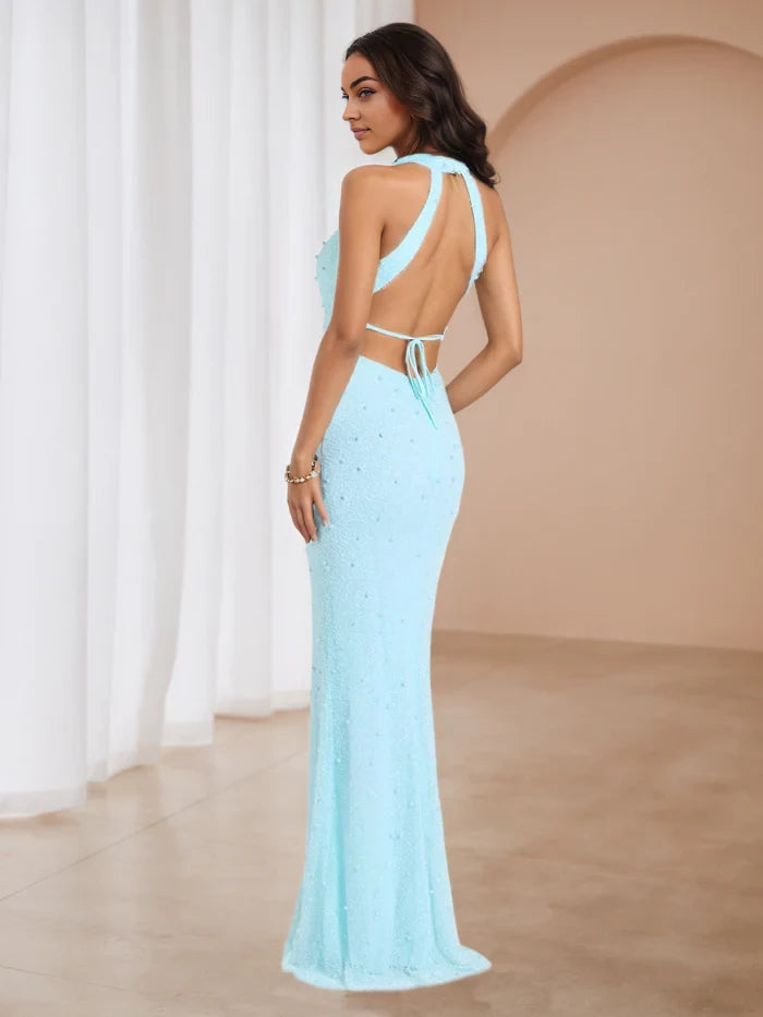 Glamorous Mermaid Halter Neck Sleeveless Lace - Up Back Floor Length Prom Dresses