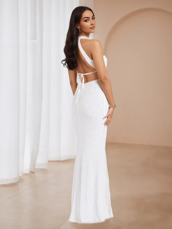 Glamorous Mermaid Halter Neck Sleeveless Lace - Up Back Floor Length Prom Dresses