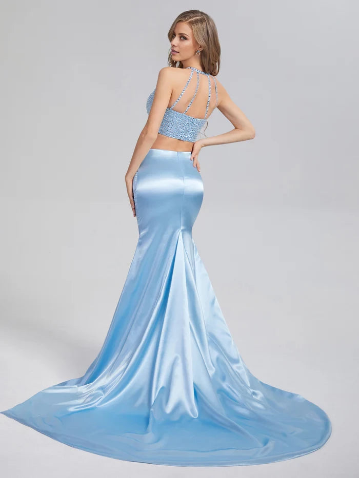 Glamorous Mermaid Halter Neck Sleeveless Lace - Up Back Long Length Prom Dresses