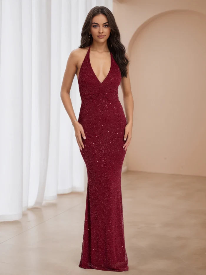 Glamorous Mermaid Halter Neck Sleeveless Open Back Floor Length Prom Dresses