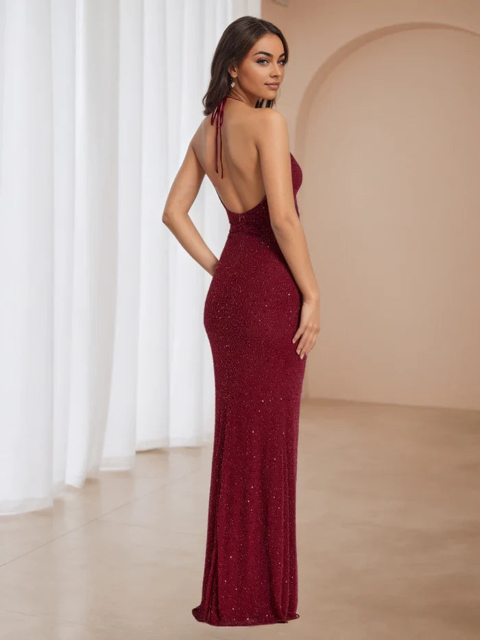 Glamorous Mermaid Halter Neck Sleeveless Open Back Floor Length Prom Dresses