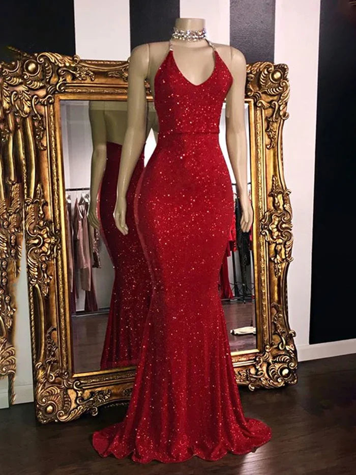 Glamorous Mermaid Halter Neck Sleeveless Open Back Long Length Prom Dresses