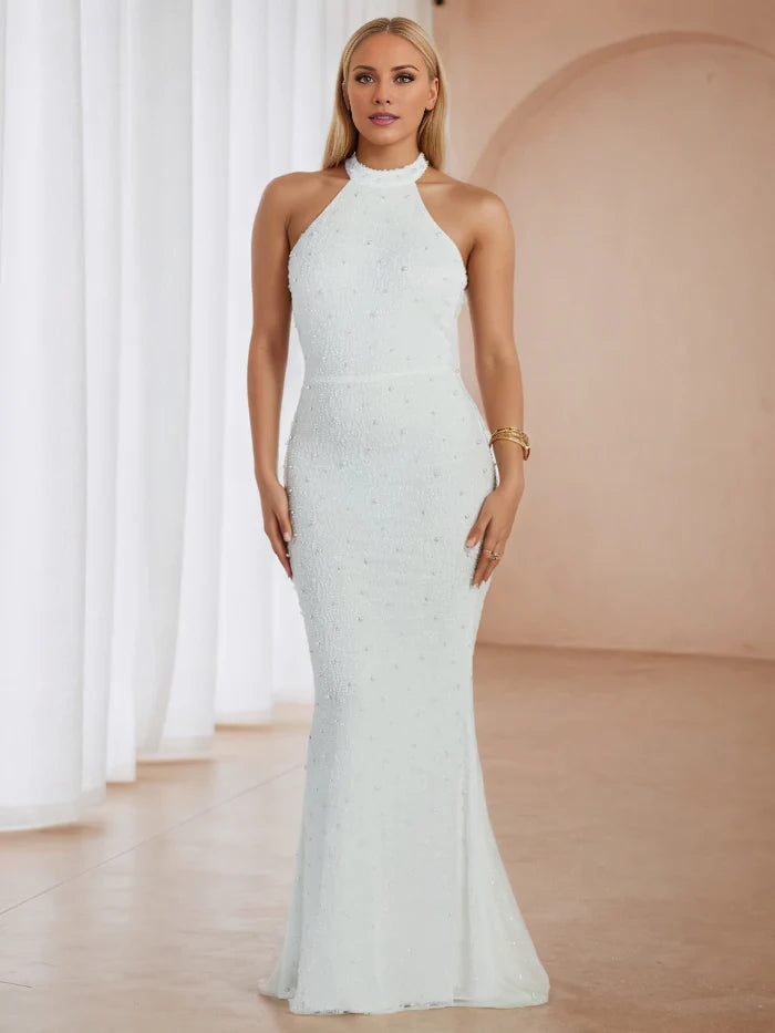 Glamorous Mermaid Halter Neck Sleeveless Open Back Long Length Prom Dresses