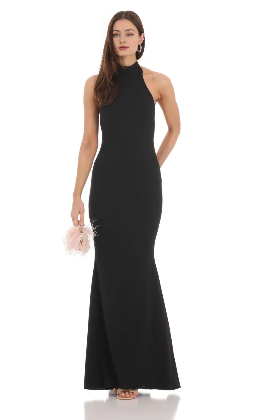 Glamorous Mermaid Halter Neck Sleeveless Organza-Bow Back Floor Length Prom Dresses